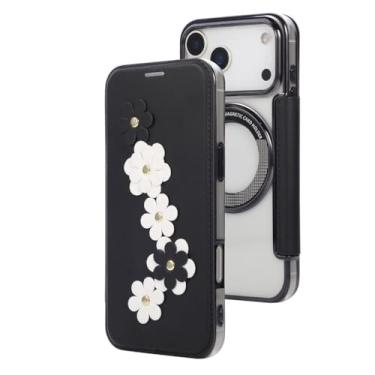Imagem de Genérico Capa magnética para iPhone 17/17 Air/17 Pro/17 Pro MAX, capa fina transparente de couro com relevo floral, capa com tampa galvanizada (Black, 17 Air)