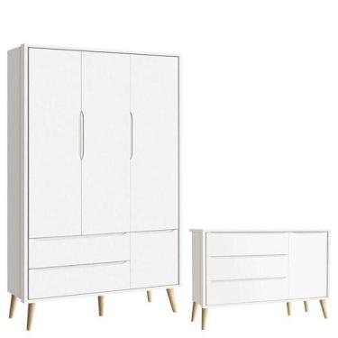 Imagem de Cômoda Infantil Com Porta E Guarda Roupa 3 Portas Theo Branco Acetinad