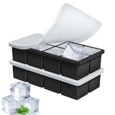 Imagem de Formas grandes para cubos de gelo, pacote com 2 bandejas de gelo de liberação fácil para freezer com tampa, bandeja grande de silicone empilhável, sem BPA, derretimento lento para uísque Bourbon
