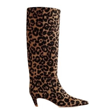 Imagem de ATBELL Botas femininas de cano alto com estampa de leopardo, bico quadrado, salto gatinho, botas altas modernas, botas de outono, Leopardo, 38