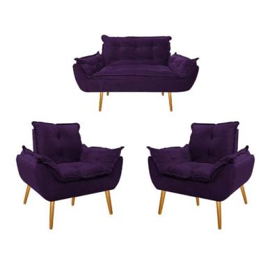 Imagem de Kit Namoradeira e 02 Poltronas Opala Palito Mel Suede Roxo - Doce Sonh
