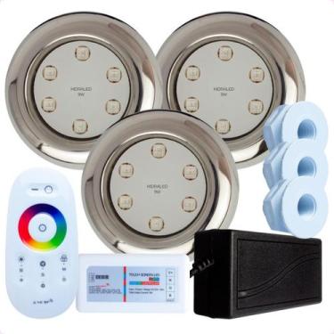Imagem de Kit 3 Refletores Led 9w RGB Inox S e Comando para Iluminação Piscina F