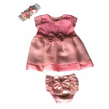 Imagem de Kit Vestido Calcinha Laço Roupa Bebe 0-6 Meses 3 peças - Lala Lulu, 0 