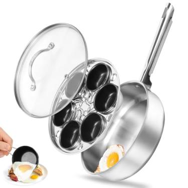 Imagem de 6 xícaras para cozinhar ovos escalfados, máquina de ovos escalfados, panela de ovo escalfado de aço inoxidável com tampa de vidro e alça de aquecimento uniforme, utensílios de cozinha para brunch de