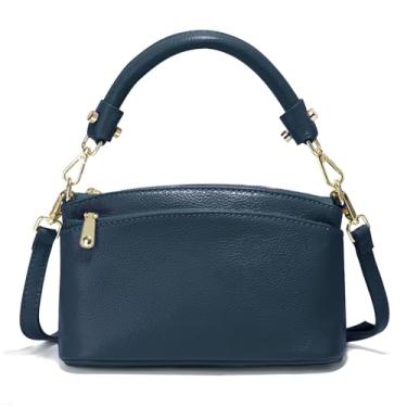 Imagem de zency Bolsa tiracolo feminina de couro legítimo com zíper triplo e elegante, Azul escuro, Small