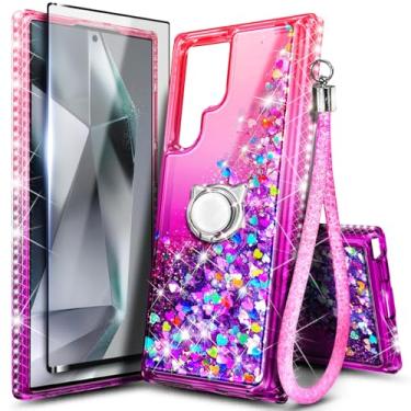 Imagem de Capa NGB projetada para Samsung Galaxy S24 Ultra, rosa/roxo | Capa fofa com glitter líquido brilhante para mulheres e crianças | com protetor de tela, suporte de anel e cordão de pulso