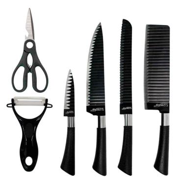 Imagem de Kit Facas Chef Aço Inox Antiaderente Preto 6 Peças Com Tesoura