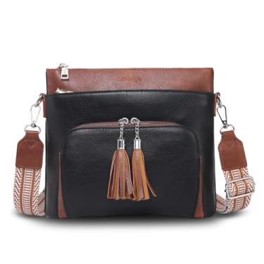 Imagem de HiChiclife Bolsa transversal feminina, bolsa de ombro de couro macio tamanho médio com alça ajustável, Preto, marrom, 10 inches x 4 inches x 3 inches, Moderno