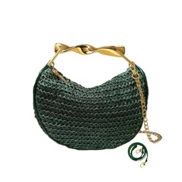 Imagem de Bolsa tiracolo feminina de palha com design de alça superior dourada bolsa clutch mini bolsa de praia de verão com 2 alças de ombro, Verde