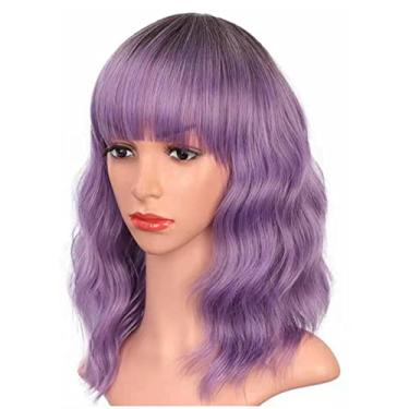 Imagem de Perucas para mulheres, peruca sintética macia respirável curto cacheado ondulado com franja para mulheres (roxo)