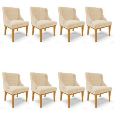 Imagem de Kit 8 Cadeiras Estofadas Para Sala De Jantar Base Fixa De Madeira Castanho Lia Suede Bege - Ibiza
