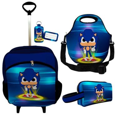 Imagem de Kit Mochila Escolar Infantil Rodinhas Lancheira Estojo Isoprene Menino Sônico