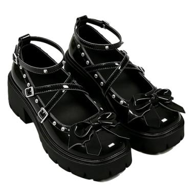 Imagem de Tênis feminino punk Mary Jane plataforma com corrente de laço rebite, casual, couro gótico, preto, bico redondo, salto grosso, jeans, saias para Halloween, viagem, festa, cosplay, encontros, - Estilo