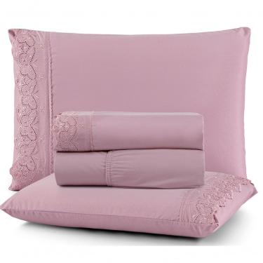 Imagem de Jogo De Lençol Queen Nupcias 200 Fios Micropercal Bordado Borboleta 4 Pcs Malva