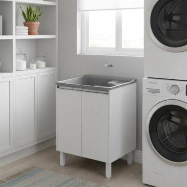 Imagem de Tanque de Lavanderia Plástico 30 L com Esfregadeira Lateral e Gabinete