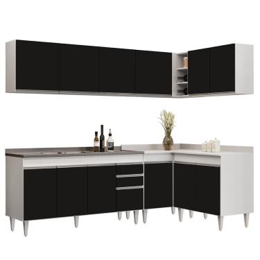Imagem de Armário De Cozinha Modulado De Canto 6 Peças Cp33 Com Pia Inox Branco/preto - Lumil