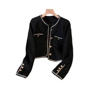 Imagem de Jaqueta Cropped De Tweed Preto Para Mulheres, Blazer Curto Vintage Aco