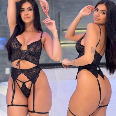 Imagem de Corset Com Cinta Liga Sensual Renda Sem Bojo Calcinha Fio Dental - Fra