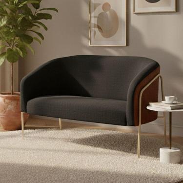 Imagem de Sofá 2 Lugares Stella Industrial Alta Champanhe Sintético Pu Nozes Linho Preto D03 - D'rossi