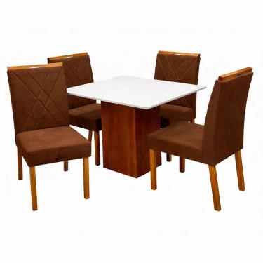 Imagem de Mesa de Jantar Dakota 90x90cm Sem Vidro e 4 Cadeiras California em Veludo Estofadas Cel Móveis Cor Cinamomo Off White com Tecido Marrom