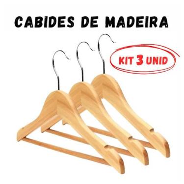 Imagem de Kit 3 Cabides De Madeira Resistente Para Calças Vestidos Jaquetas Cami
