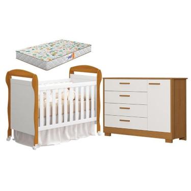 Imagem de Kit Berço Americano Danny com Cômoda Infantil Zaki 1 Porta 4 Gavetas MDF 148 cm Branco Acetinado Savana Reller Móveis
