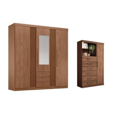 Imagem de Guarda Roupa 2 Peças Solteiro e Closet Qc247 Jatobá 3 Portas de Bater 3 Gavetas em MDP Fosco com Espelho
