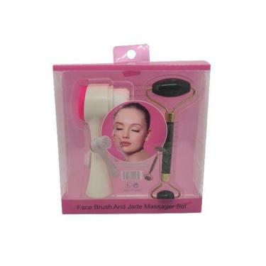 Imagem de Kit Escova de Limpeza Facial + Massageador Roller Jade duplo, Face Bru