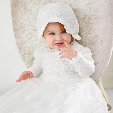 Imagem de Vestido Mandrião Manga Longa Bebê Batismo Luxo Renda Branco Tamanho:24