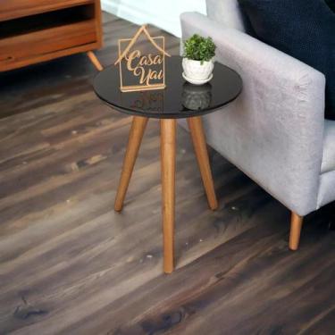Imagem de Mesa Lateral Retrô com Vidro Madeira Preto Pés em Madeira Maciça 50x40