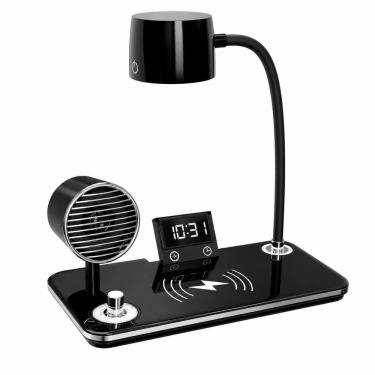 Imagem de Luminária de Mesa com Caixa de Som e Carregador sem Fio Utimix 4 em 1 Led Ajustável Bluetooth Relógio Despertador Preto