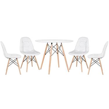 Imagem de Loft7, Kit Mesa redonda Eames 90 cm branco + 4 cadeiras estofadas Eiffel Botonê Branco