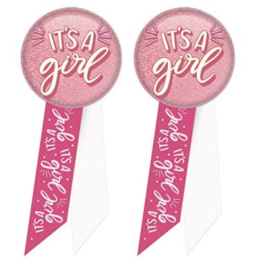 Imagem de Beistle 2 peças Rosetas Wearable It's A Girl Botões para Decoração e Lembrancinhas de chá de bebê, 14 x 5 cm, Rosa/Branco