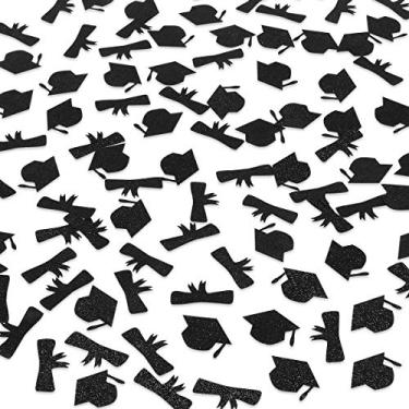 Imagem de 100 peças de confetes de formatura com glitter preto - Decoração de mesa para festa de formatura 2020, decoração de festa de formatura, boné e livro de formatura