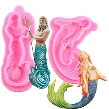 Imagem de Mujiang Moldes para fondant de bolo tema sereia 3D molde de silicone Netuno para decoração de bolos doces chocolate açúcar artesanato argila polímero conjunto de 2