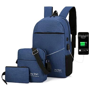 Imagem de Mochila para laptop 3 peças/conjunto masculino casual grande capacidade mochila esportiva carregamento USB 15,6 polegadas computador viagem de negócios diurna, marinho, 43 * 29 cm