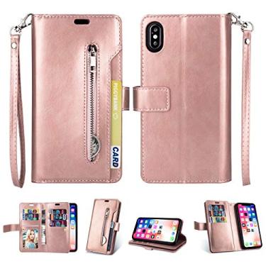 Imagem de Capa para iPhone Xs, carteira de couro PU fólio flip case bolso com zíper slots para cartão fecho magnético capa protetora à prova de choque com alça de pulso para iPhone Xs (rosa)