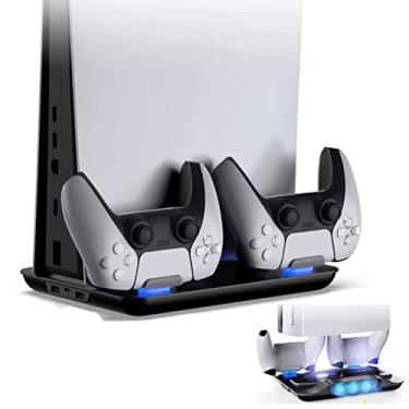 Imagem de Base do ventilador de resfriamento para PS5, ajuste da velocidade do ar de resfriamento em 3 velocidades, estação de carregamento de controlador duplo, com porta USB (Preto)