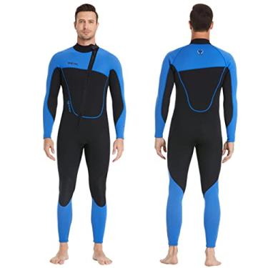 Imagem de Roupas de mergulho 3 mm neoprene molhado ternos para homens e mulheres, traje de mergulho de corpo inteiro zíper frontal, ternos molhados, maiô térmico de manga comprida com proteção UV para surfe, mergulho, caiaque, natação, canoagem, azul, GG