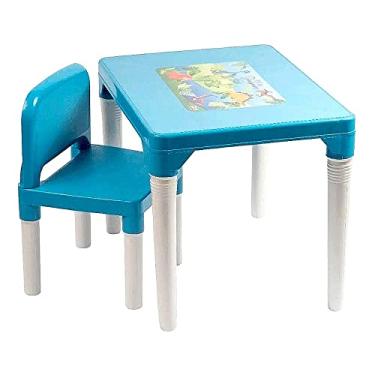 Imagem de Conjunto de Mesa e Cadeira Azul para Crianças até 15kg Estampa de Dinossauro Portátil de Montar e Desmontar