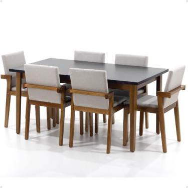Imagem de Mesa de Jantar Retangular Luiza 160cm Preta com 6 Cadeiras Estofadas Isabela - Bege