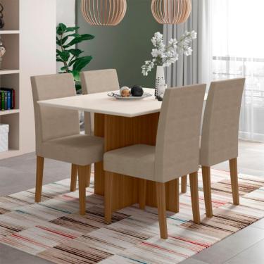Imagem de Conjunto de Mesa de Jantar Retangular com Tampo de Vidro Off White Helo e 4 Cadeiras Josi Suede Fendi