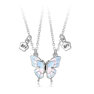 Imagem de Colar de borboleta amizade ouro BFF pingente colar para mulheres prata Best Friend Forever rosa longa distância azul aniversário, Metal, Sem Pedra Preciosa