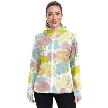 Imagem de JUNZAN Moletom feminino com capuz geométrico abstrato com pinceladas FPS 50+ com bolsos, camiseta refrescante, P, Pinceladas geométricas abstratas, XXG