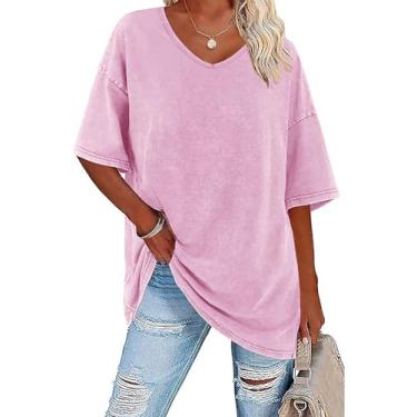 Imagem de Flowyair Camisetas femininas de verão, folgadas, de algodão, manga curta, básicas, gola V, estilo túnica, rosa, G