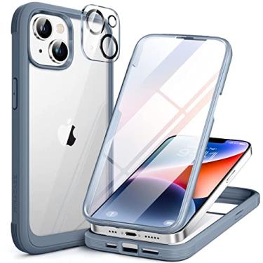 Imagem de Miracase Capa Glass Series projetada para iPhone 14 Plus de 6,7 polegadas, capa protetora transparente de corpo inteiro atualizada 2023 com protetor de tela de vidro temperado 9H integrado e protetor de lente de câmera, cinza