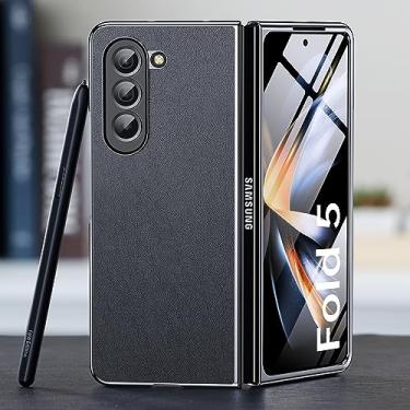 Imagem de JUESHITUO Capa 3 em 1 para Samsung Galaxy Z Fold 5, [proteção omnidirecional] [amortecedor metálico brilhante] fascinante toque Silm Fit elegante capa de couro 5 g para Galaxy Z Fold 5 Phantom Black
