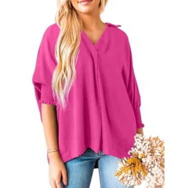 Imagem de Merryfun Camisas femininas de verão com decote em V, manga 3/4, blusas elegantes de grandes dimensões, camisa de gola solta, casual, lisa, túnica, Vermelho rosa, XXG