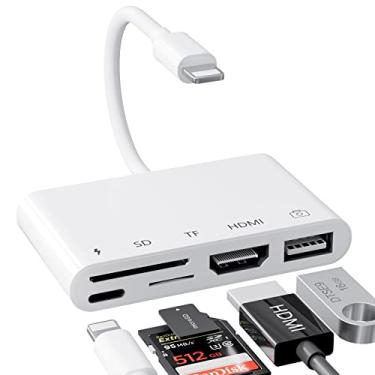 Imagem de LXJTHT Adaptador HDMI, leitor de cartão SD/TF, adaptador de câmera USB 5 em 1 para iPhone, adaptador HDMI AV digital 1080p, compatível com iPhone 13/12/11/XS/XR/X/8/7, iPad, TV/projetor/monitor