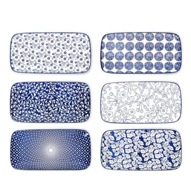 Imagem de Selamica Travessas de servir de cerâmica, bandejas de servir de 30 cm para entretenimento em festas, grandes pratos retangulares para comida, conjunto de 6, azul vintage